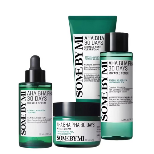 ערכת טיפוח קוריאנית SOMEBYMI AHA·BHA·PHA 30 Days Miracle – קצף ניקוי 100 מ״ל, טונר 150 מ״ל, סרום 50 מ״ל וקרם 60 גרם (4 יח׳)